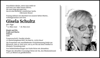 Anzeige von Gisela Schultz von Kölner Stadt-Anzeiger / Kölnische Rundschau / Express