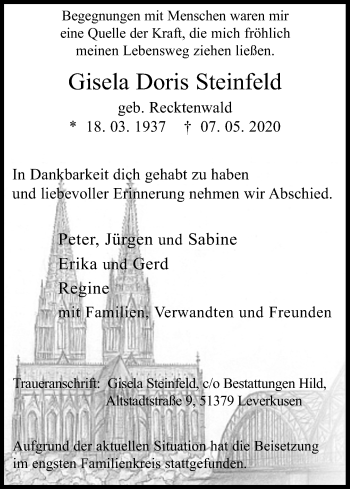 Anzeige von Gisela Doris Steinfeld von Kölner Stadt-Anzeiger / Kölnische Rundschau / Express