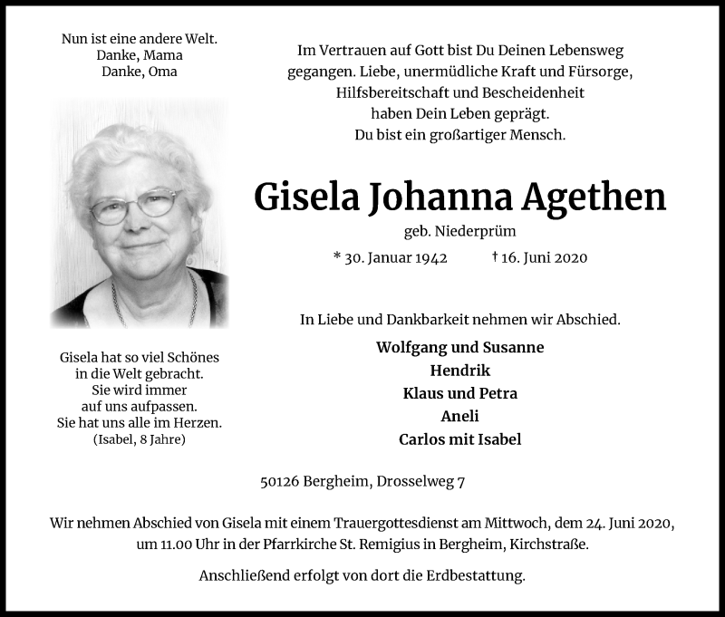  Traueranzeige für Gisela Johanna Agethen vom 20.06.2020 aus Kölner Stadt-Anzeiger / Kölnische Rundschau / Express