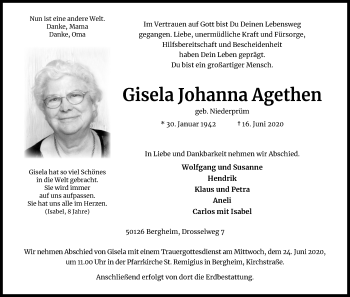 Anzeige von Gisela Johanna Agethen von Kölner Stadt-Anzeiger / Kölnische Rundschau / Express