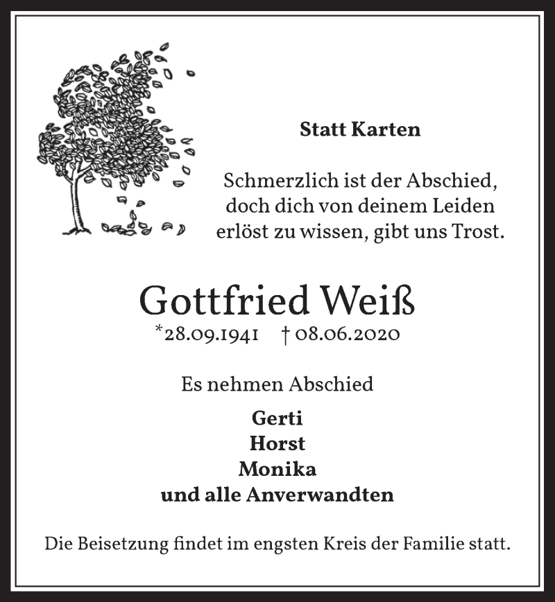 Traueranzeige für Gottfried Weiß vom 26.06.2020 aus  Werbepost 