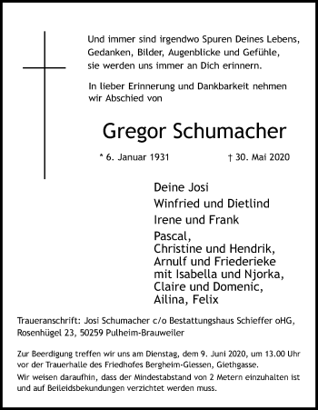 Anzeige von Gregor Schumacher von Kölner Stadt-Anzeiger / Kölnische Rundschau / Express