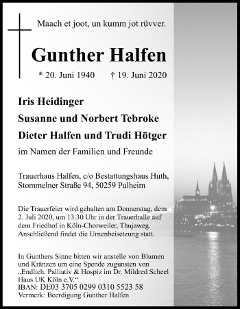 Anzeige von Gunther Halfen von Kölner Stadt-Anzeiger / Kölnische Rundschau / Express
