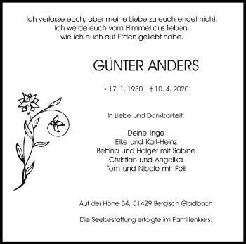 Anzeige von Günter Anders von Kölner Stadt-Anzeiger / Kölnische Rundschau / Express
