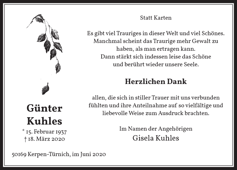  Traueranzeige für Günter Kuhles vom 05.06.2020 aus  Werbepost 