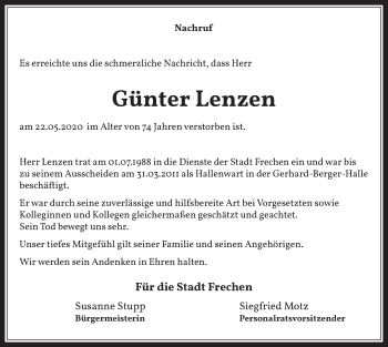 Anzeige von Günter Lenzen von  Wochenende 