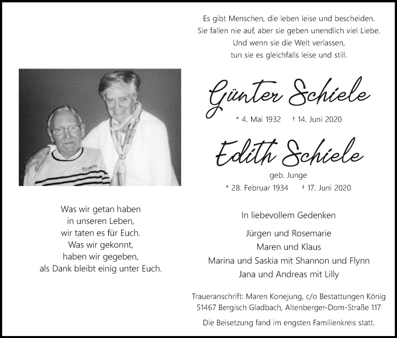  Traueranzeige für Günter Schiele vom 27.06.2020 aus Kölner Stadt-Anzeiger / Kölnische Rundschau / Express