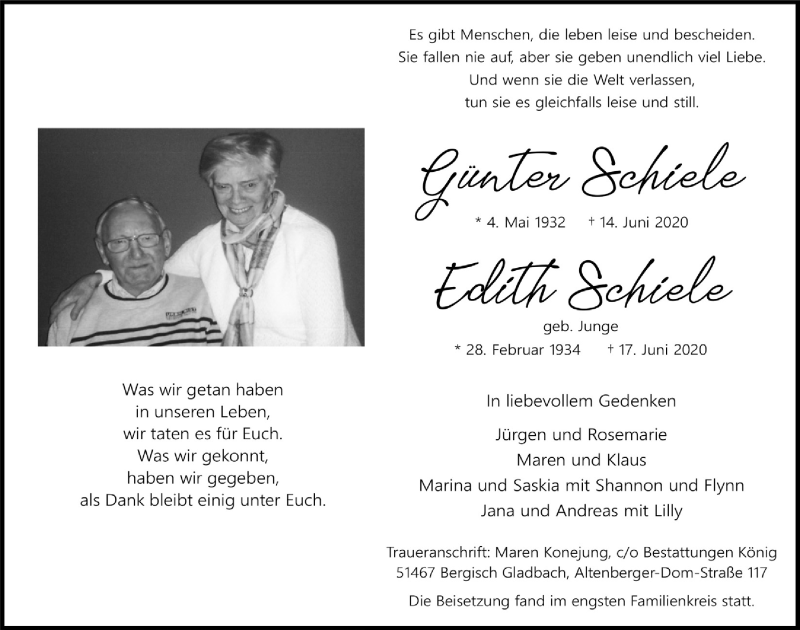  Traueranzeige für Günter Schiele vom 26.06.2020 aus  Bergisches Handelsblatt 