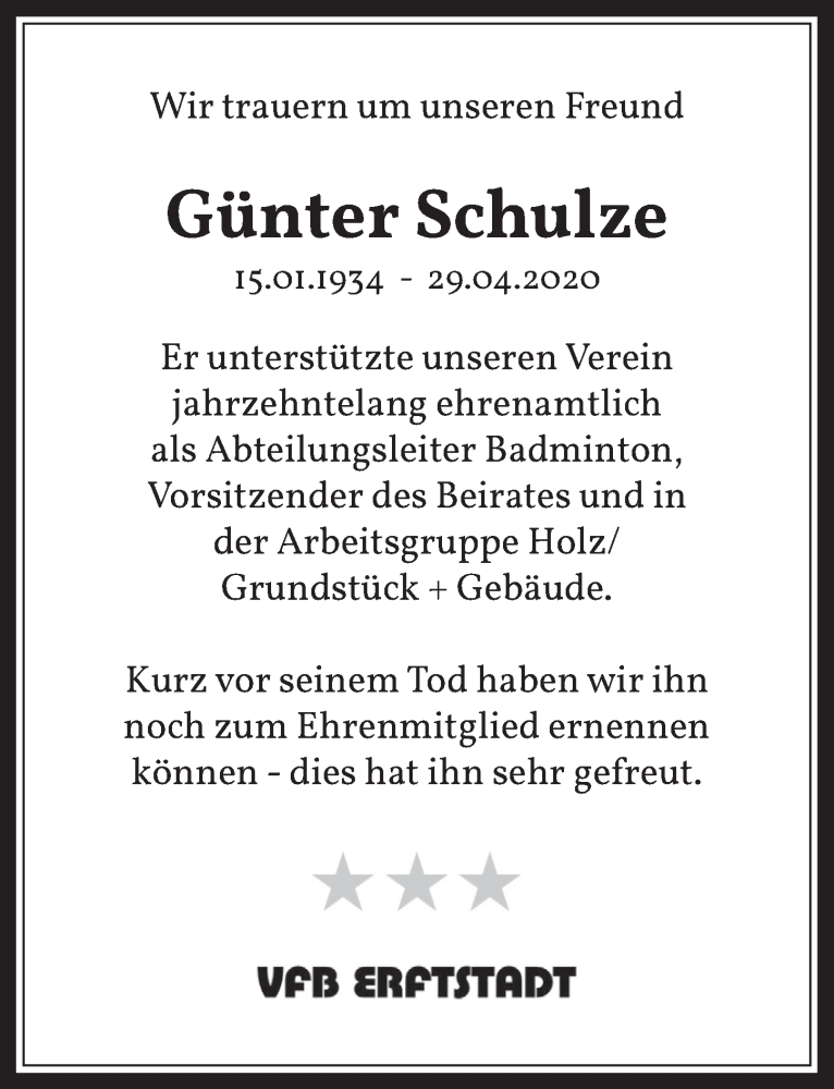  Traueranzeige für Günter Schulze vom 05.06.2020 aus  Werbepost 
