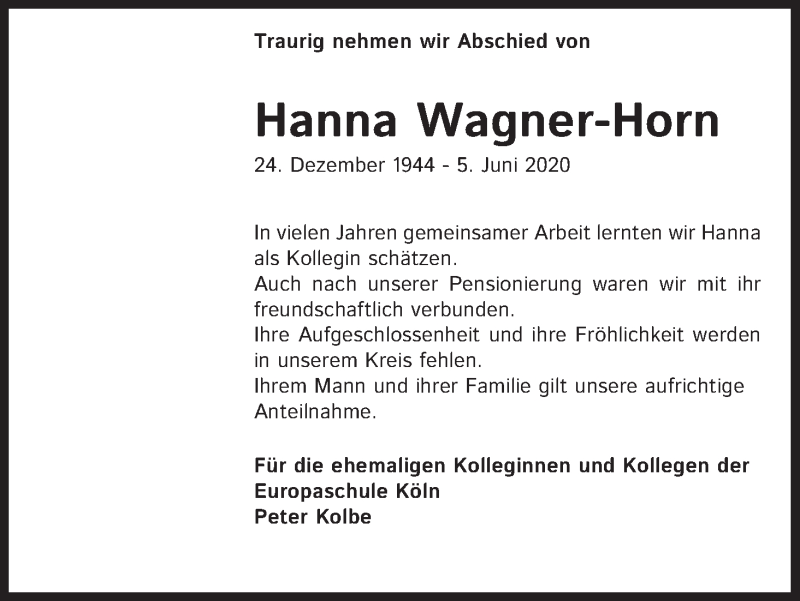  Traueranzeige für Hanna Wagner-Horn vom 20.06.2020 aus Kölner Stadt-Anzeiger / Kölnische Rundschau / Express
