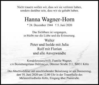 Anzeige von Hanna Wagner-Horn von Kölner Stadt-Anzeiger / Kölnische Rundschau / Express