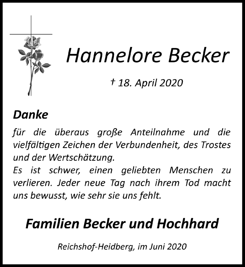  Traueranzeige für Hannelore Becker vom 05.06.2020 aus  Anzeigen Echo  Lokalanzeiger 