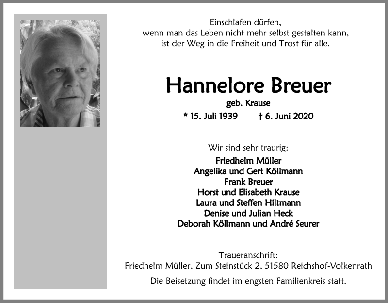  Traueranzeige für Hannelore Breuer vom 13.06.2020 aus Kölner Stadt-Anzeiger / Kölnische Rundschau / Express