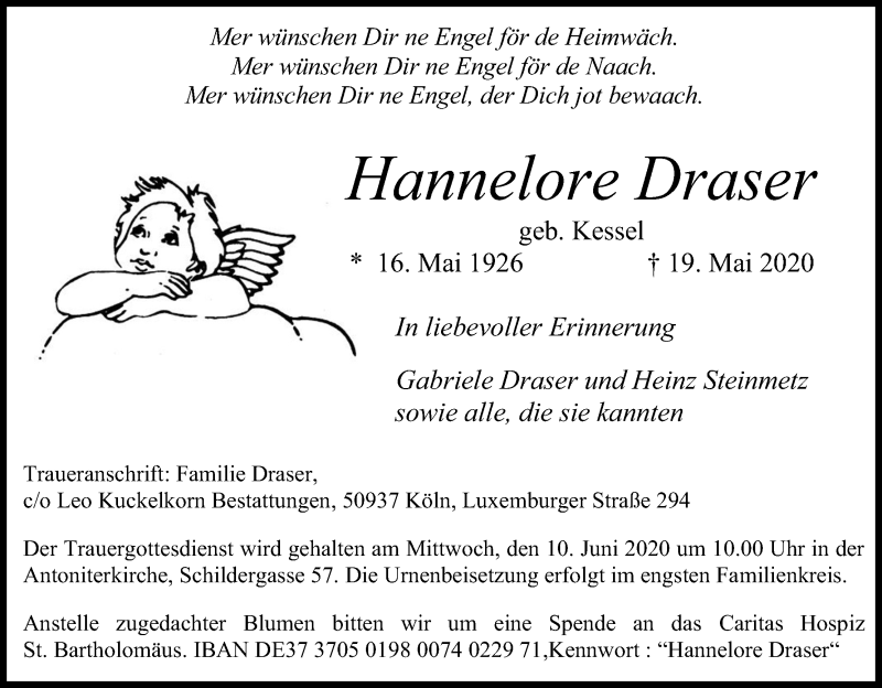  Traueranzeige für Hannelore Draser vom 06.06.2020 aus Kölner Stadt-Anzeiger / Kölnische Rundschau / Express