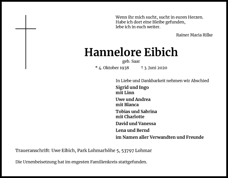  Traueranzeige für Hannelore Eibich vom 15.06.2020 aus Kölner Stadt-Anzeiger / Kölnische Rundschau / Express