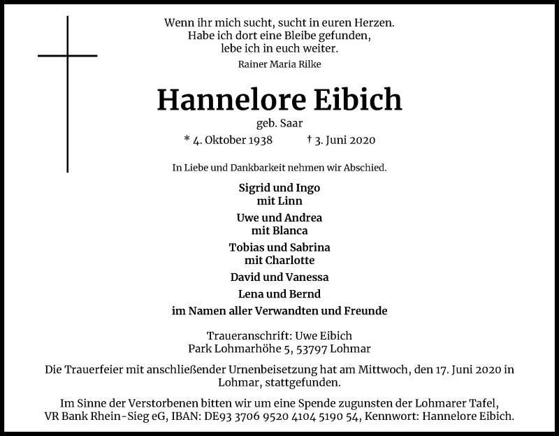  Traueranzeige für Hannelore Eibich vom 20.06.2020 aus Kölner Stadt-Anzeiger / Kölnische Rundschau / Express
