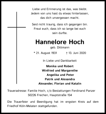Anzeige von Hannelore Hoch von Kölner Stadt-Anzeiger / Kölnische Rundschau / Express