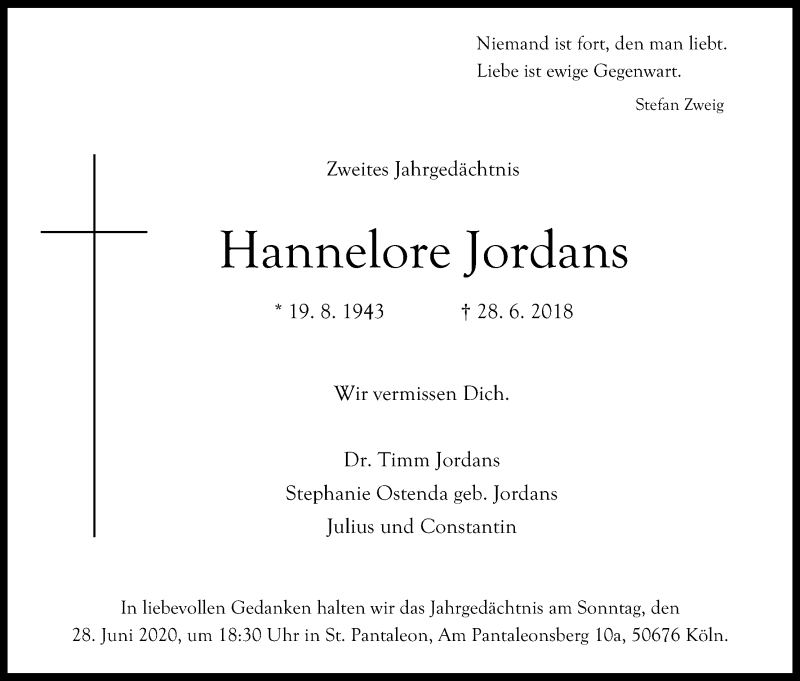  Traueranzeige für Hannelore Jordans vom 27.06.2020 aus Kölner Stadt-Anzeiger / Kölnische Rundschau / Express