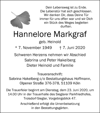 Anzeige von Hannelore Markgraf von Kölner Stadt-Anzeiger / Kölnische Rundschau / Express