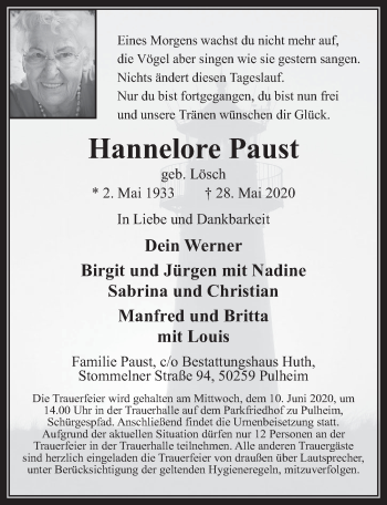 Anzeige von Hannelore Paust von  Wochenende 