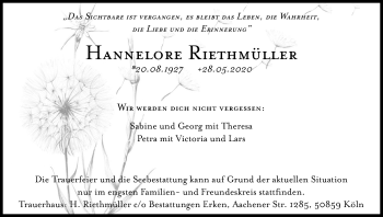 Anzeige von Hannelore Riethmüller von Kölner Stadt-Anzeiger / Kölnische Rundschau / Express