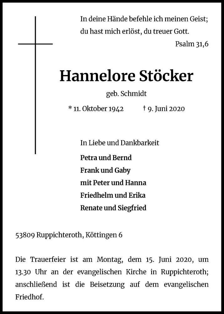  Traueranzeige für Hannelore Stöcker vom 13.06.2020 aus Kölner Stadt-Anzeiger / Kölnische Rundschau / Express