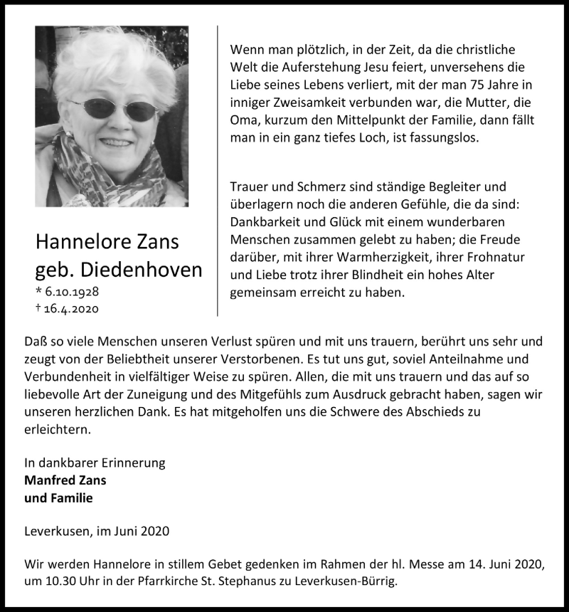  Traueranzeige für Hannelore Zans vom 12.06.2020 aus  Lokale Informationen 