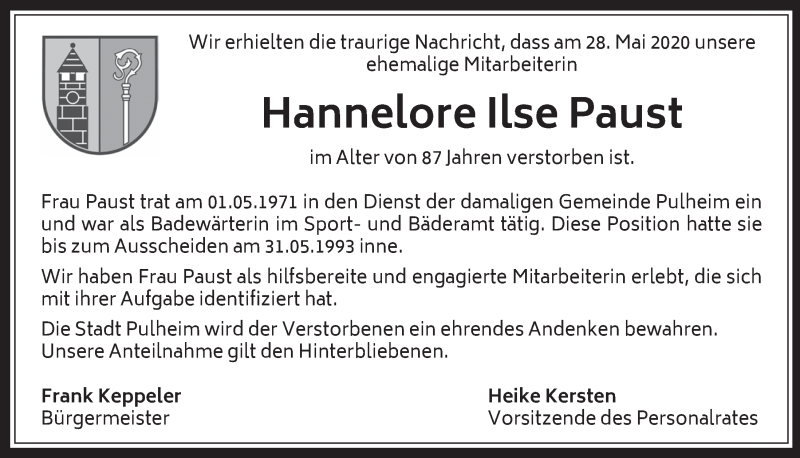  Traueranzeige für Hannelore Ilse Paust vom 19.06.2020 aus  Wochenende 
