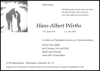 Anzeige von Hans-Albert Wirths von Kölner Stadt-Anzeiger / Kölnische Rundschau / Express