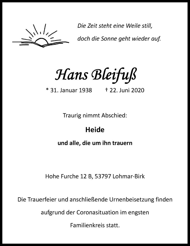  Traueranzeige für Hans Bleifuß vom 27.06.2020 aus Kölner Stadt-Anzeiger / Kölnische Rundschau / Express