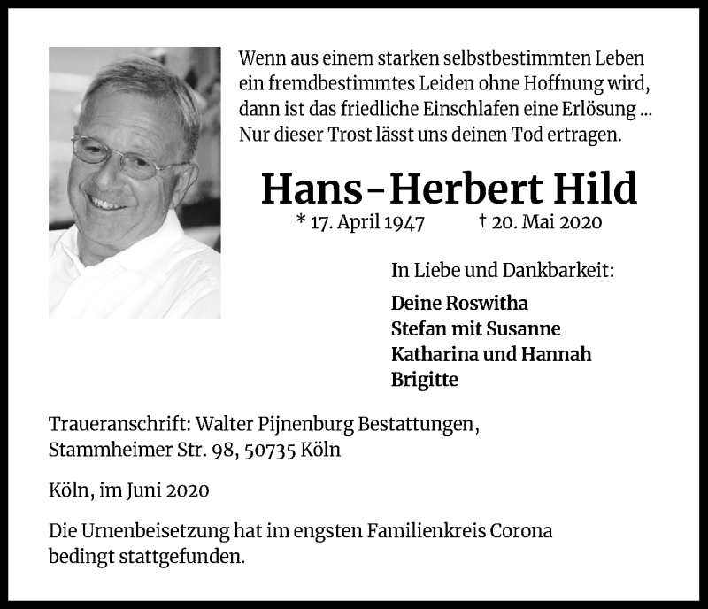  Traueranzeige für Hans-Herbert Hild vom 06.06.2020 aus Kölner Stadt-Anzeiger / Kölnische Rundschau / Express