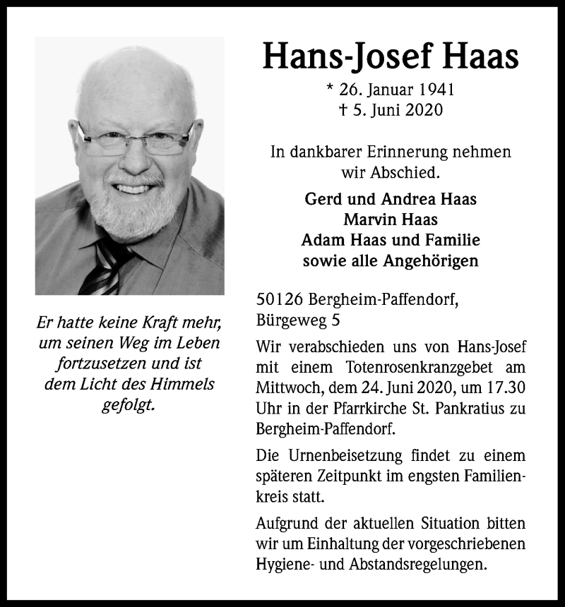  Traueranzeige für Hans-Josef Haas vom 13.06.2020 aus Kölner Stadt-Anzeiger / Kölnische Rundschau / Express