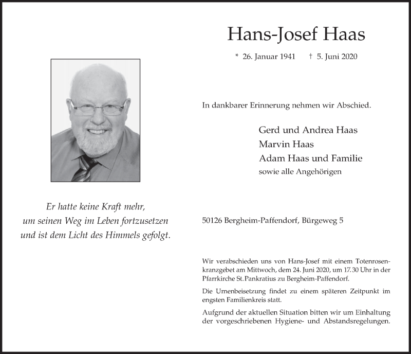  Traueranzeige für Hans-Josef Haas vom 19.06.2020 aus  Werbepost 