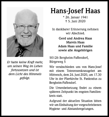 Anzeige von Hans-Josef Haas von Kölner Stadt-Anzeiger / Kölnische Rundschau / Express