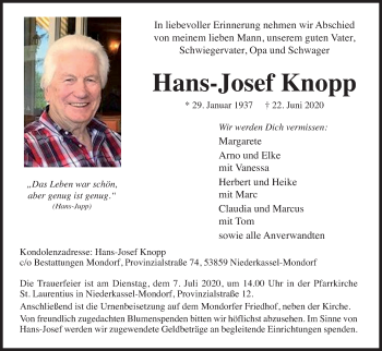 Anzeige von Hans-Josef Knopp von Kölner Stadt-Anzeiger / Kölnische Rundschau / Express