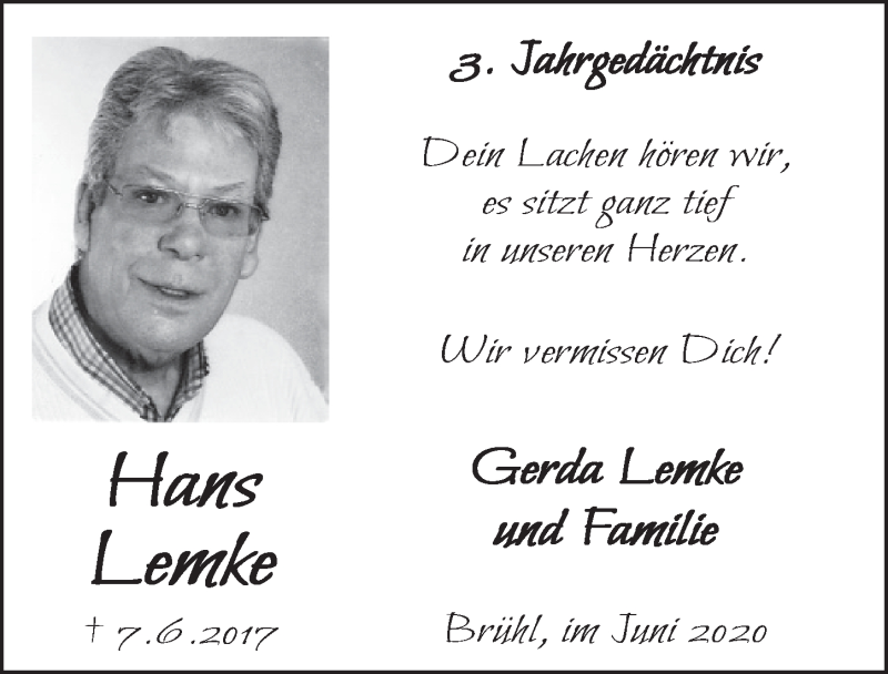  Traueranzeige für Hans Lemke vom 05.06.2020 aus  Schlossbote/Werbekurier 