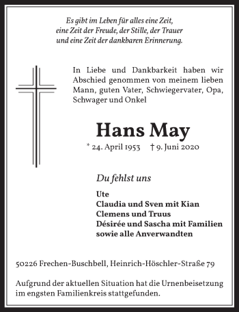 Anzeige von Hans May von  Wochenende 
