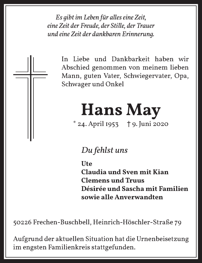  Traueranzeige für Hans May vom 19.06.2020 aus  Wochenende 