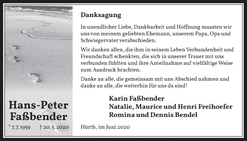  Traueranzeige für Hans-Peter Faßbender vom 26.06.2020 aus  Wochenende 