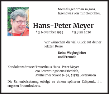 Anzeige von Hans-Peter Meyer von Kölner Stadt-Anzeiger / Kölnische Rundschau / Express