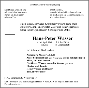 Anzeige von Hans-Peter Wasser von Kölner Stadt-Anzeiger / Kölnische Rundschau / Express