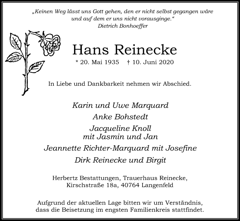  Traueranzeige für Hans Reinecke vom 20.06.2020 aus Kölner Stadt-Anzeiger / Kölnische Rundschau / Express