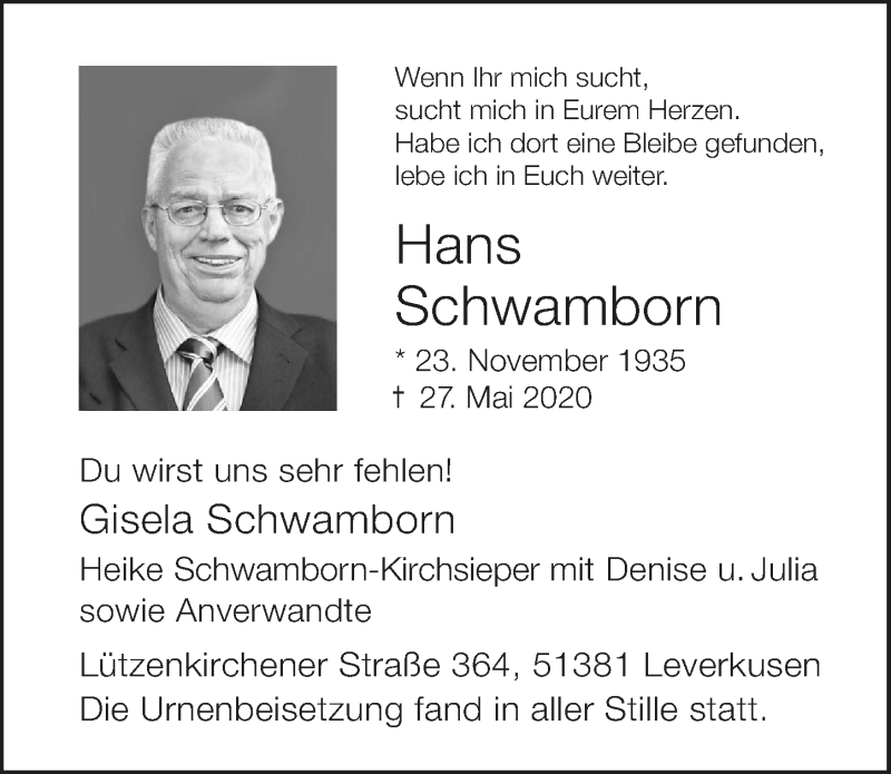  Traueranzeige für Hans Schwamborn vom 05.06.2020 aus  Lokale Informationen 