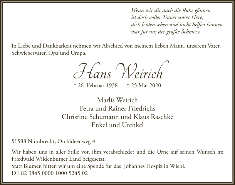  Traueranzeige für Hans Weirich vom 05.06.2020 aus  Anzeigen Echo 
