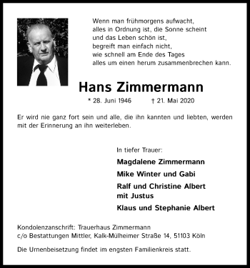 Anzeige von Hans Zimmermann von Kölner Stadt-Anzeiger / Kölnische Rundschau / Express