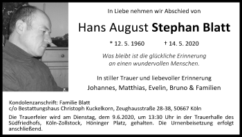 Anzeige von Hans August Stephan Blatt von Kölner Stadt-Anzeiger / Kölnische Rundschau / Express