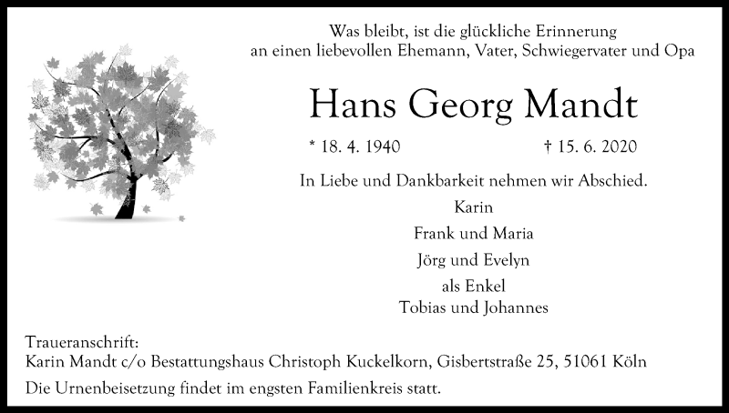  Traueranzeige für Hans Georg Mandt vom 20.06.2020 aus Kölner Stadt-Anzeiger / Kölnische Rundschau / Express