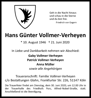 Anzeige von Hans Günter Vollmer-Verheyen von  Kölner Wochenspiegel 