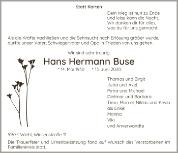 Anzeige von Hans Hermann Buse von  Anzeigen Echo 