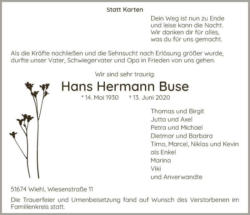  Traueranzeige für Hans Hermann Buse vom 26.06.2020 aus  Anzeigen Echo 